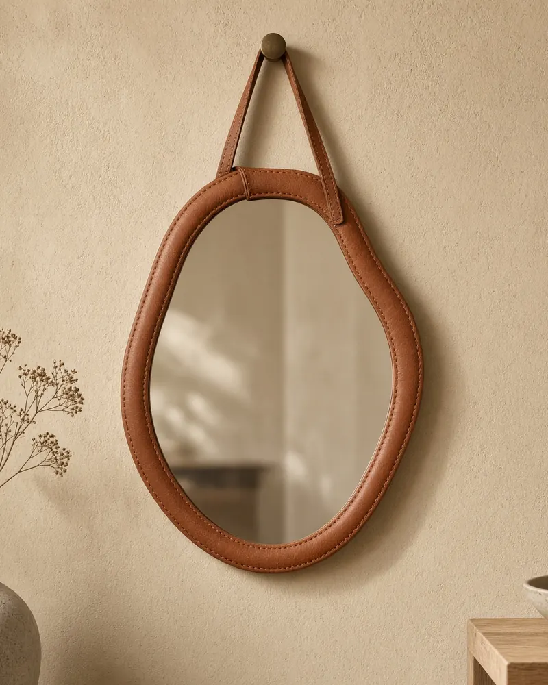 Espelho oval orgânico Adnet 60 por 40 centímetros com moldura de couro