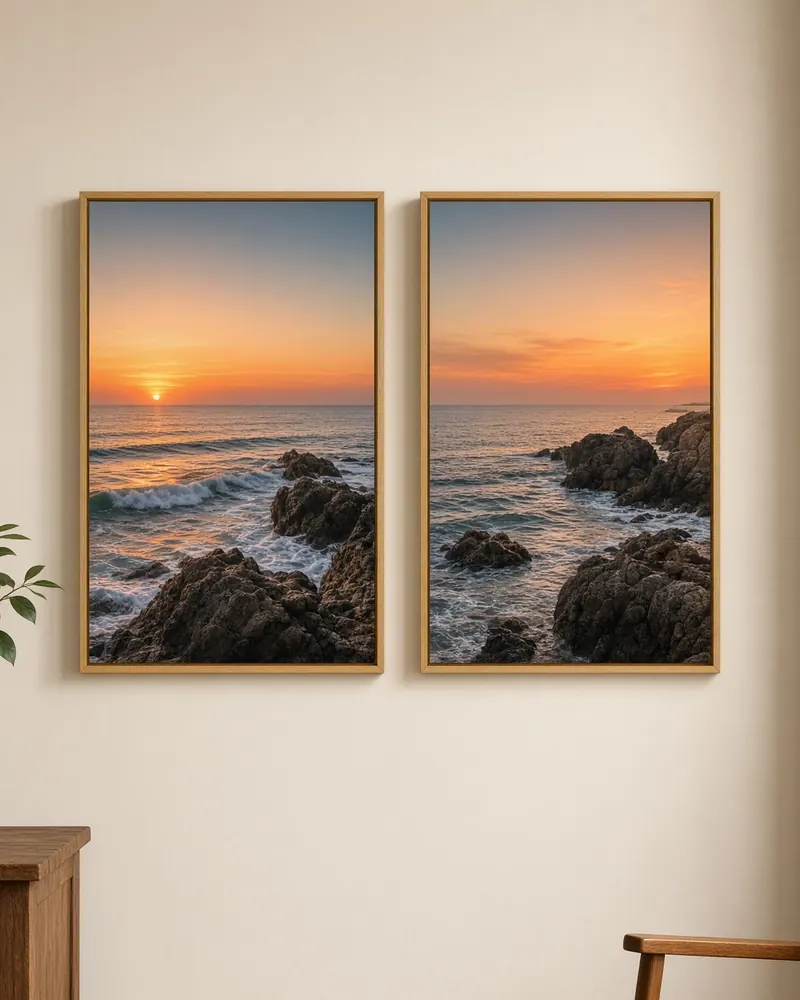 Dois quadros de paisagem marítima com pôr do sol