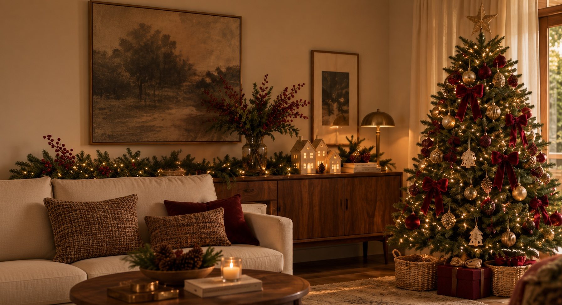 Sala decorada para o Natal, com árvore, luzes e mesa de centro